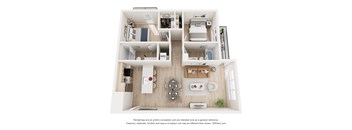 A 3D floor plan of a house with a kitchen, living room, and bathroom.