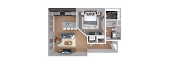 A 3D rendered image of a small apartment layout.
