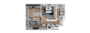 A 3D floor plan of a small apartment with a kitchen, living room, and bedroom.