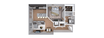 A top-down view of a small apartment layout with a bedroom, living room, and kitchen.
