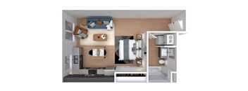 A 3D rendered image of a small apartment layout.