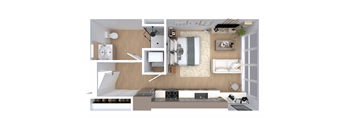 A top-down view of a small apartment layout with a kitchen, living room, and bedroom.