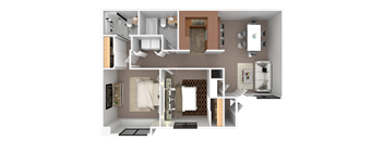 a rendering of a bedroom with a bathroom and a living room