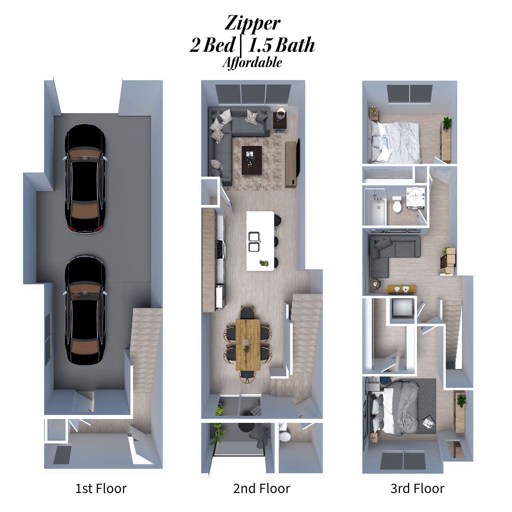 three dimensional floor plans of a 2 bed 15 bath apartment