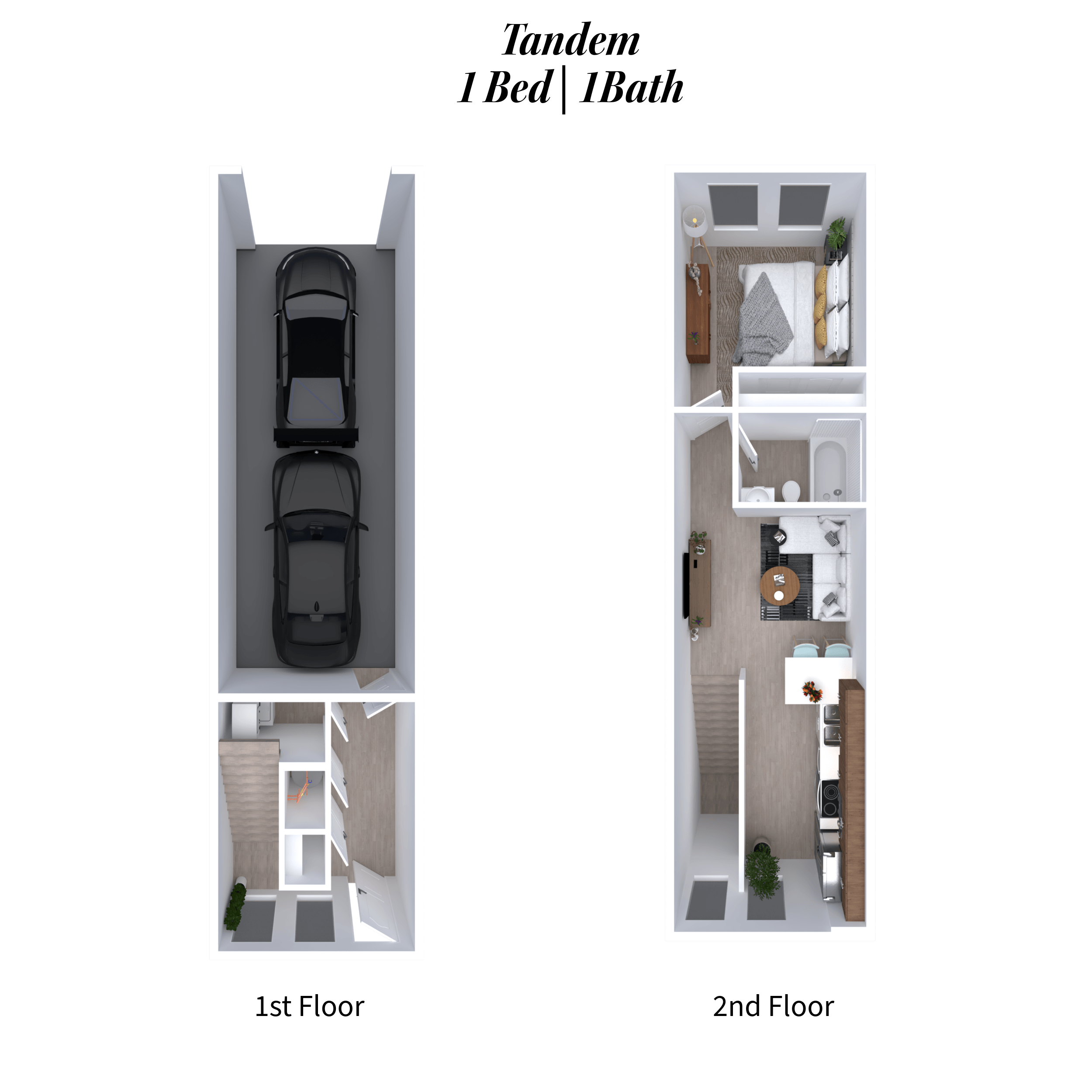 Tandem 1 Bed layout with a bath on the second floor.
