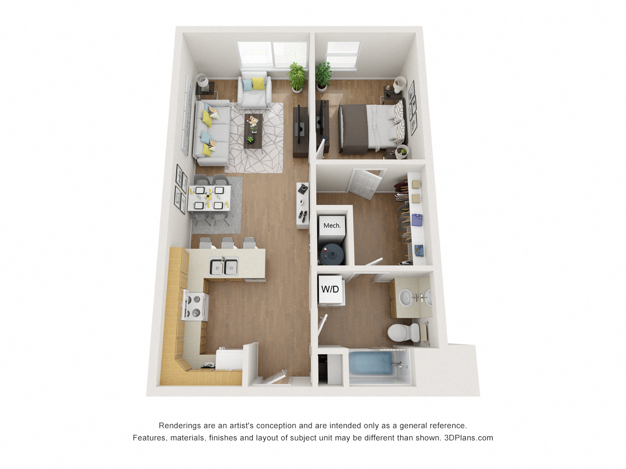 a stylized floor plan of a 1 bedroom apartment