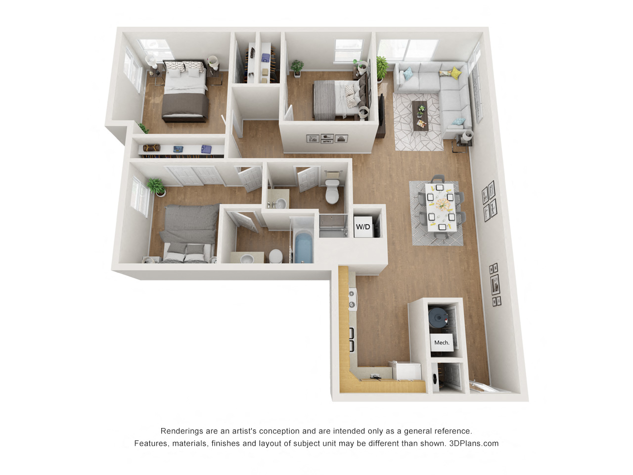 a stylized floor plan with a bedroom and a living room
