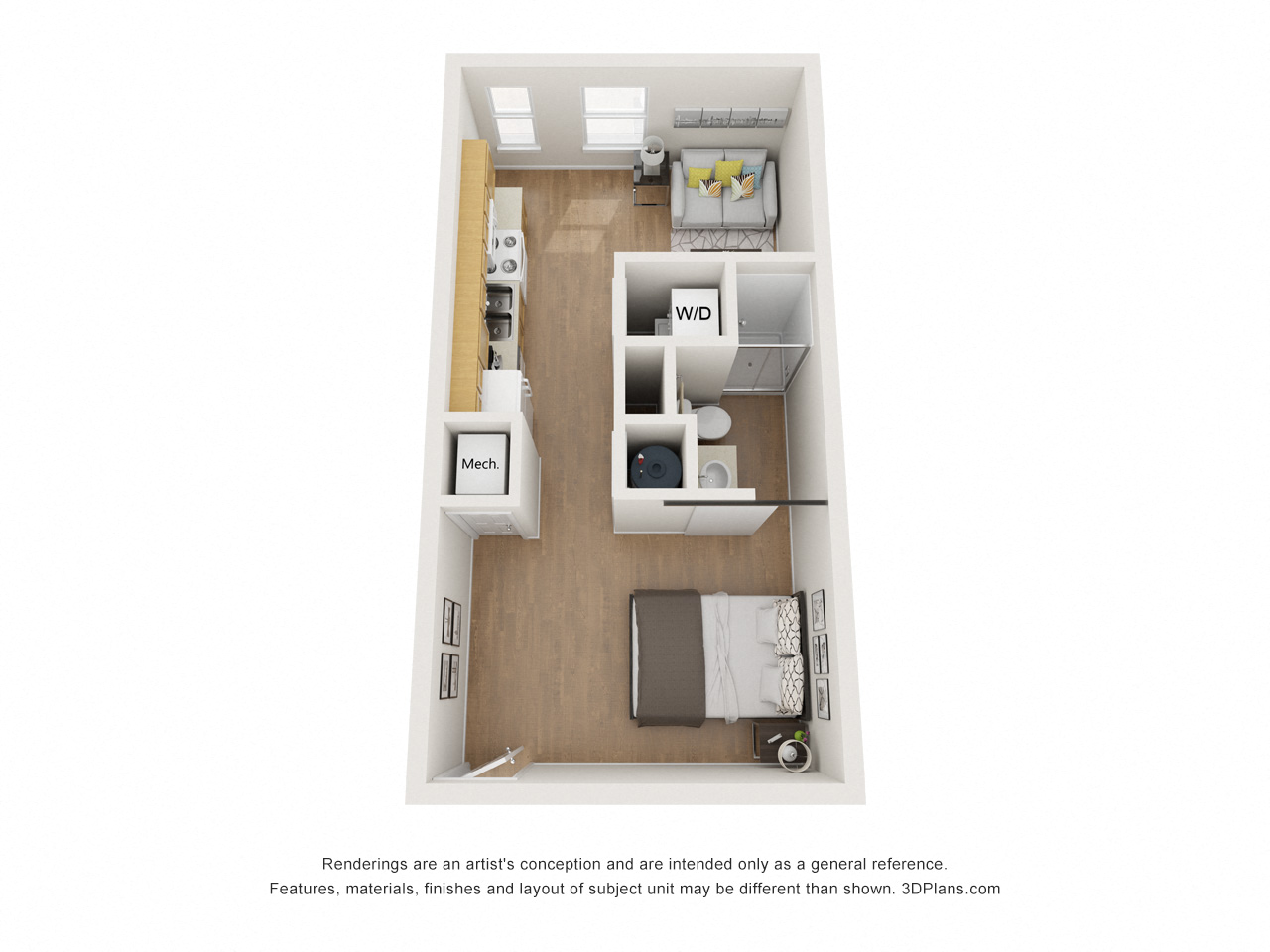 a stylized floor plan with a bedroom and a living room