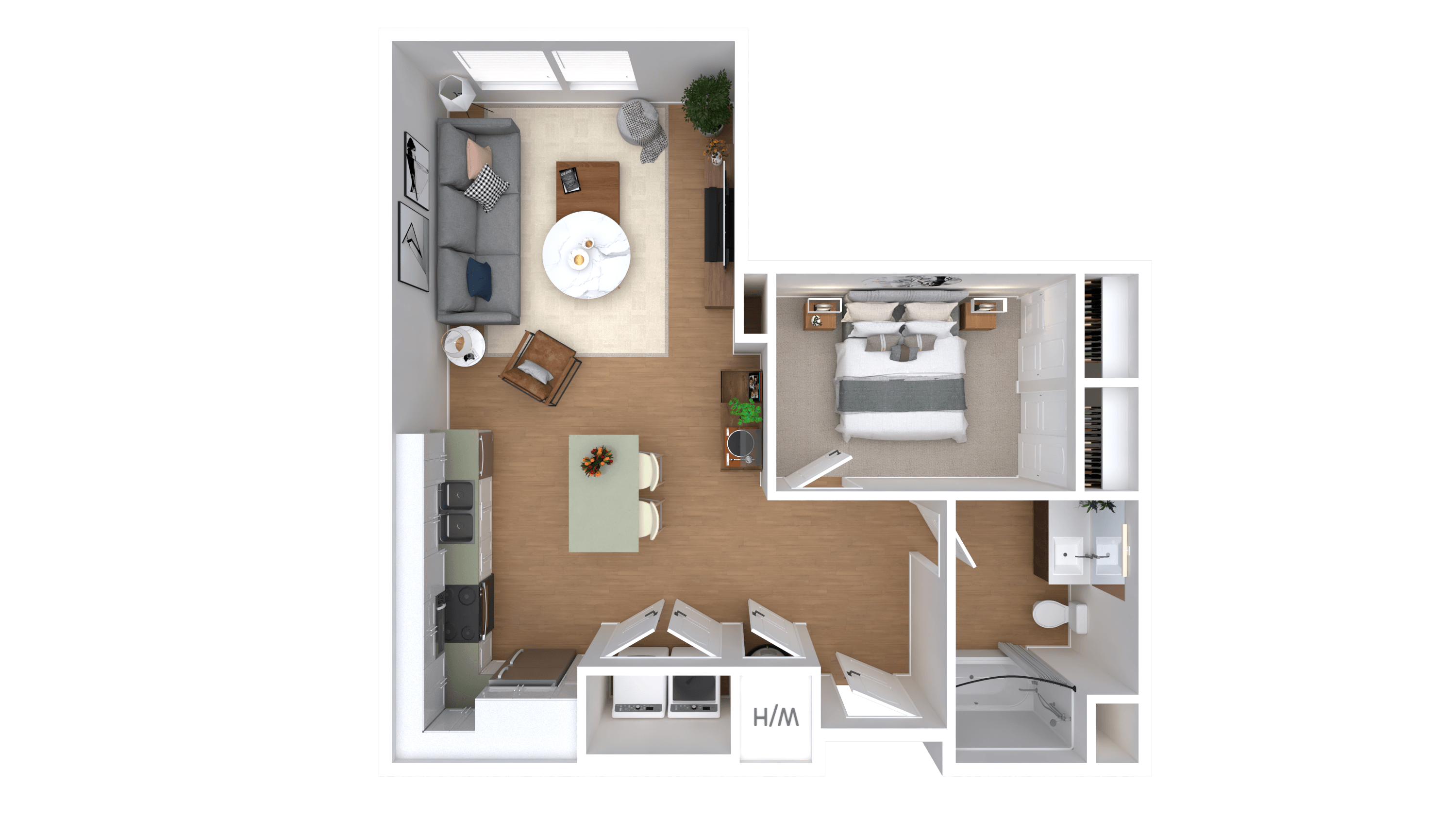 A 3D floor plan of a small apartment with a kitchen, living room, and bathroom.