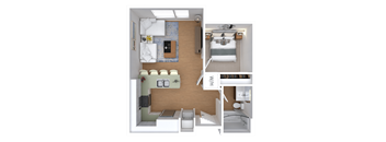 A 3D floor plan of a small apartment with a kitchen, living room, and bedroom.