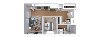 A top-down view of a modern apartment layout with a living room, kitchen, and bathroom.