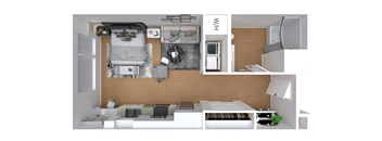 A top-down view of a small, neatly organized apartment with a bed, desk, and kitchenette.
