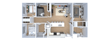 A series of images showing different layouts of a small apartment.