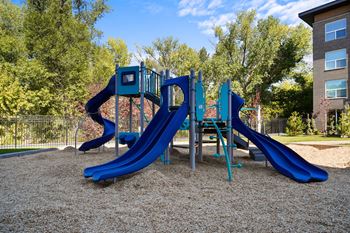 A playground with a blue slide and a climbing frame.