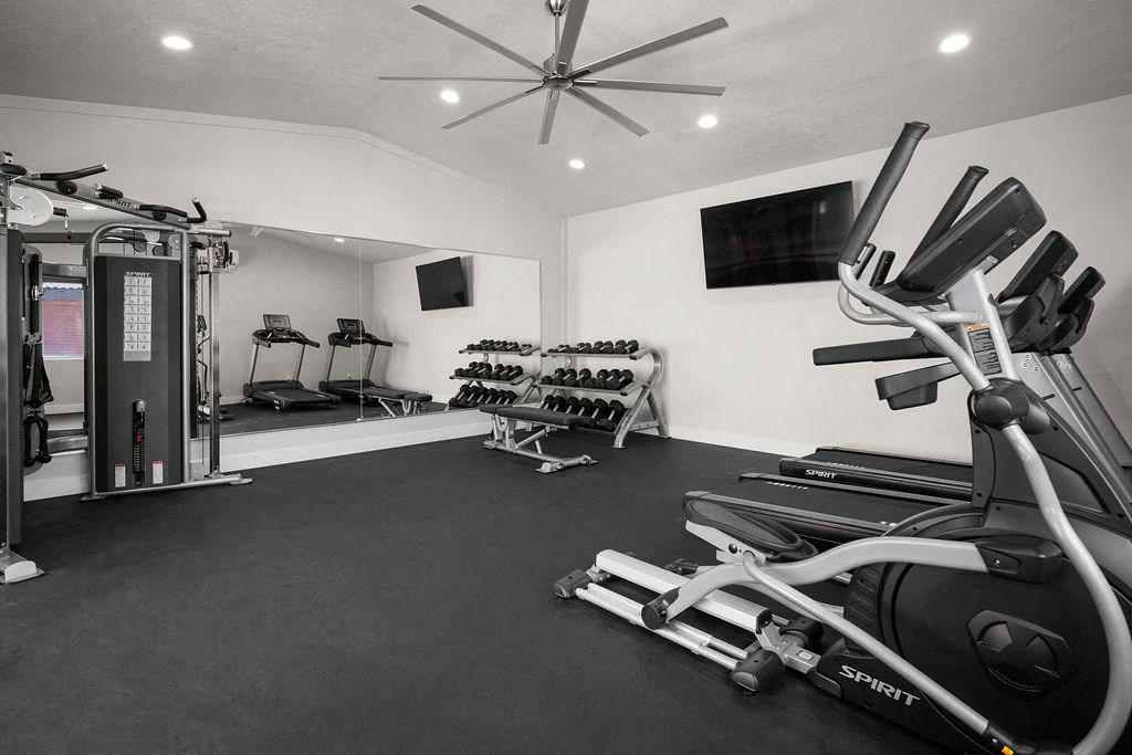 the gym is equipped with state of the art equipment including cardio equipment and weights