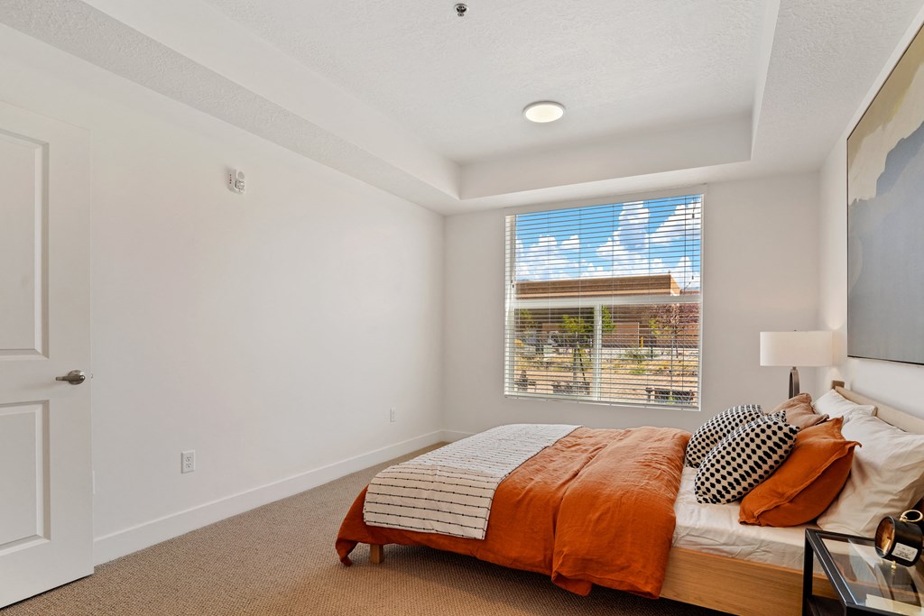 a bedroom with a bed and a window