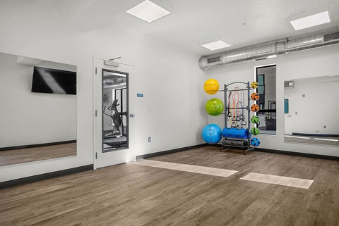 A gym with a variety of equipment including a treadmill, exercise balls, and a weight machine.