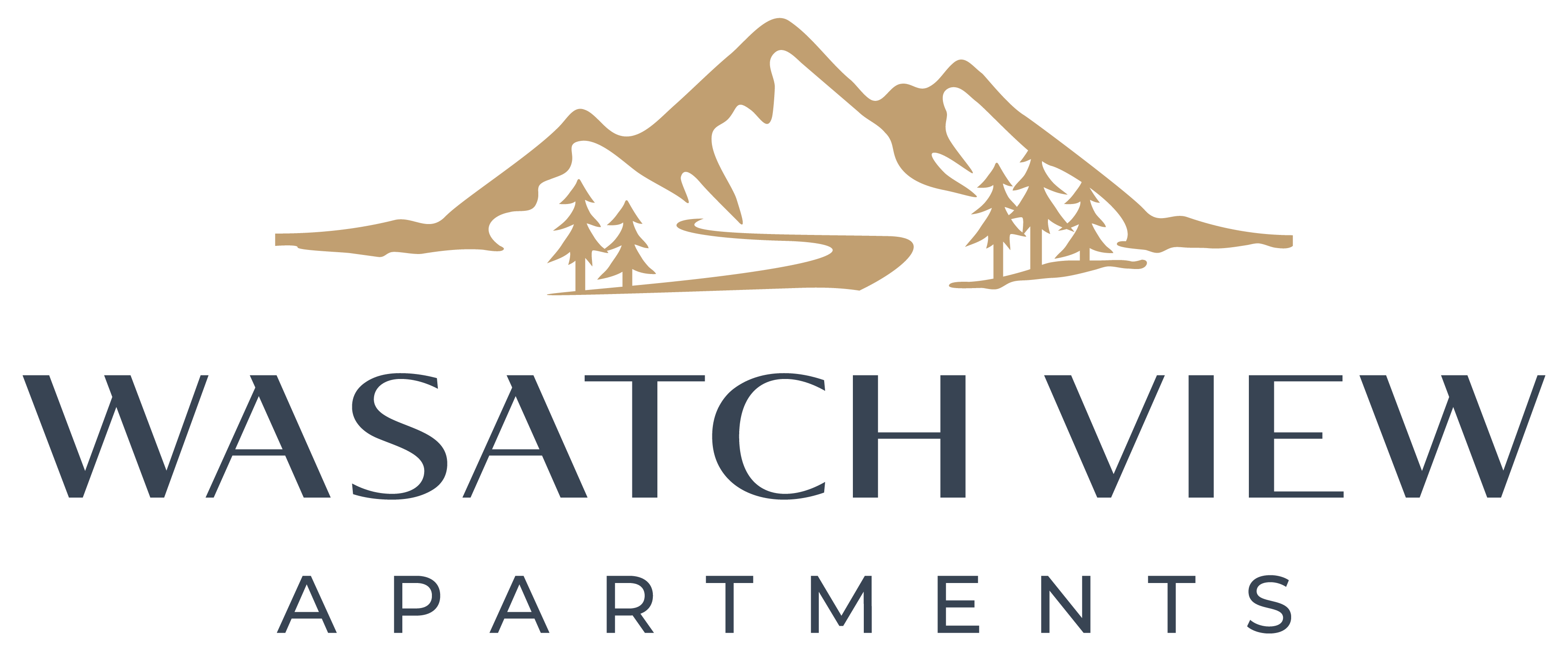 The image is a logo for Wasatch View Apartments, featuring a mountain range and trees.