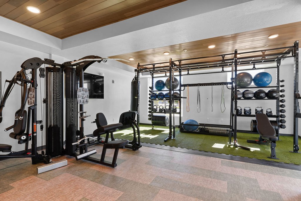 A gym with a variety of equipment including a squat rack, bench, and weights.