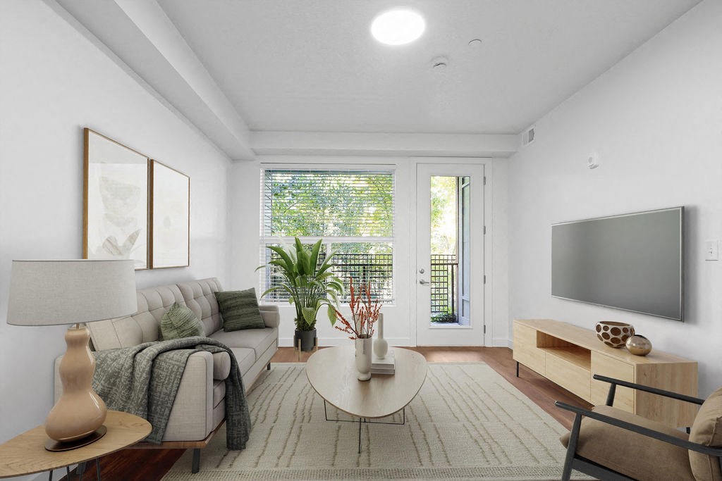A living room with a couch, a coffee table, and a television.