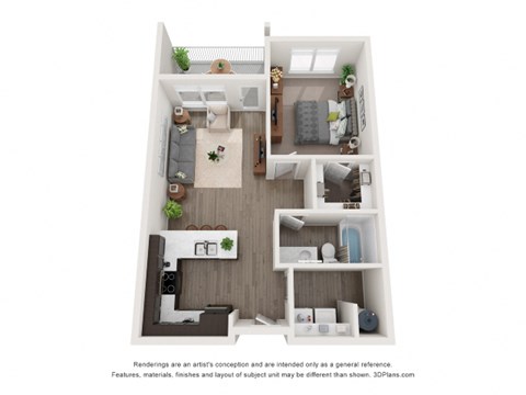 A 3D floor plan of a small apartment with a kitchen, living room, and bedroom.