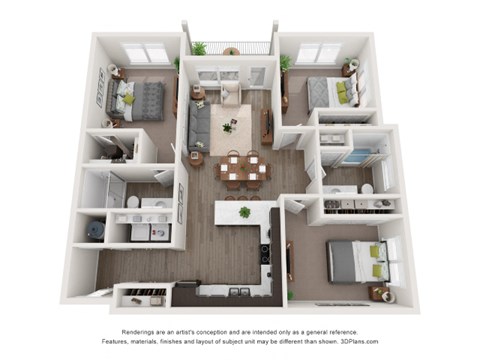 A 3D floor plan of a small apartment with a kitchen, living room, and bedrooms.