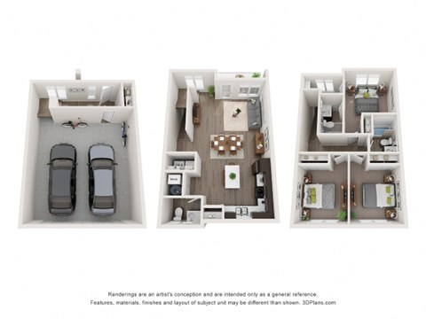 Three different floor plans of a house with a car parked in the garage.