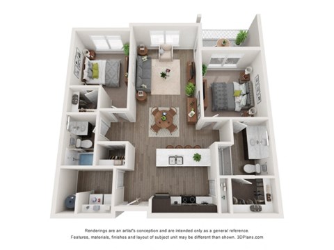 A 3D floor plan of a small apartment with a kitchen, living room, and bedroom.