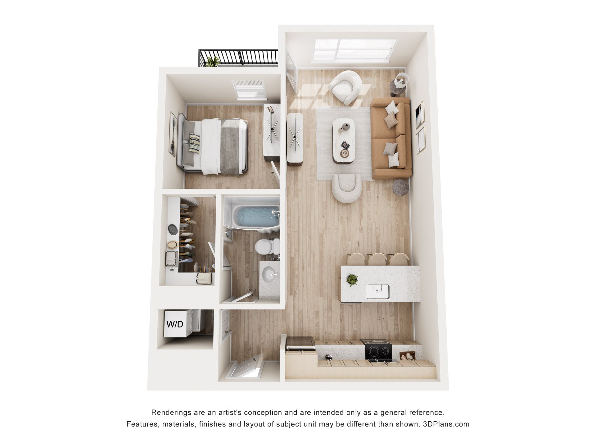 A 3D floor plan of a small apartment with a kitchen, living room, and bathroom.