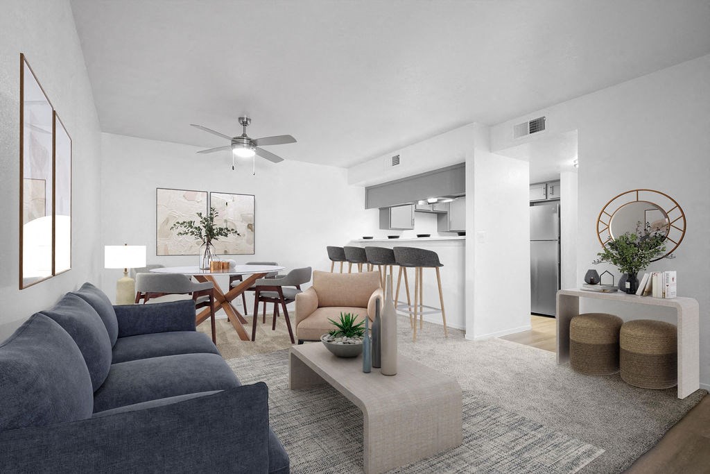 a living room with a couch and a table