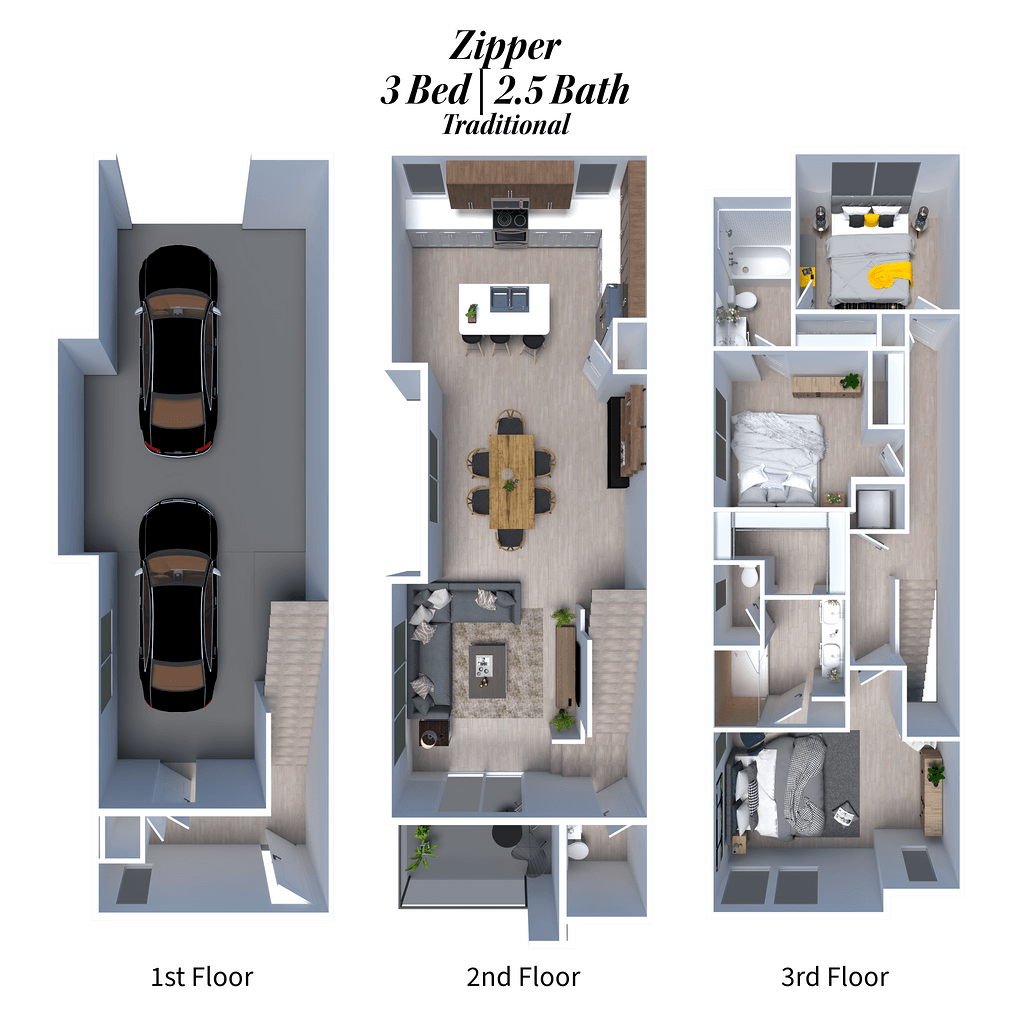 three dimensional floor plans of a 3 bedroom bath apartment