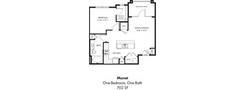 A floor plan of a one bedroom, one bath apartment.
