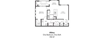 A black and white image of a floor plan for a one bedroom, one bath apartment.