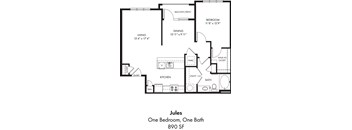 A floor plan for a one bedroom, one bath apartment.