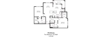 A floor plan of a two bedroom, two bath apartment.