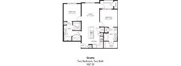 A black and white floor plan of a two bedroom, two bath house.
