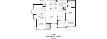 A floor plan of a three bedroom, two bathroom apartment.