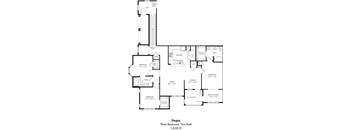 A floor plan of the Degas Three Bedroom, Two Bath apartment.