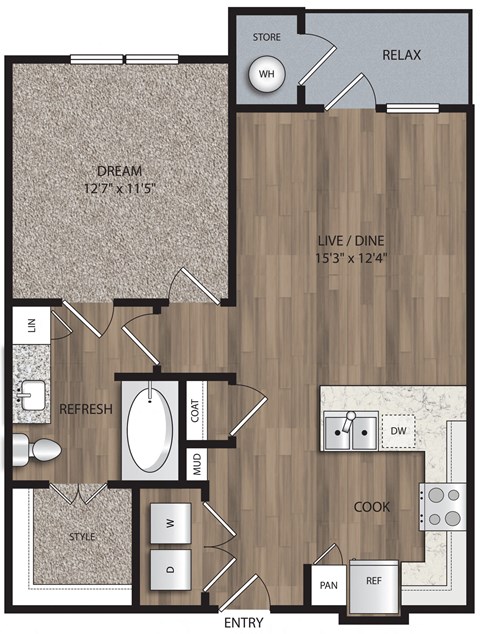 1 bed 1 bath A1 Floor Plan at The Mill Old Town, Lewisville, TX