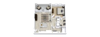 A top-down view of a modern apartment layout with a living room, kitchen, and bedroom.