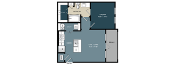 A floor plan of an apartment with a living room, kitchen, and bathroom. Kerrville Texas