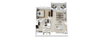 A top-down view of a modern apartment layout with a kitchen, living room, and dining area.