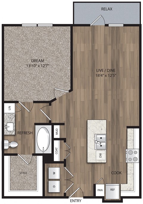 1 bed 1 bath A3 Floor Plan at The Mill Old Town, Lewisville Texas