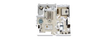 A top-down view of a modern apartment layout with a kitchen, living room, and dining area.