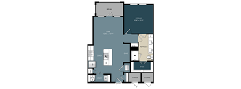 One-bedroom Kerrville, Texas apartment floor plan with an open kitchen and a spacious bedroom designed for comfortable living.