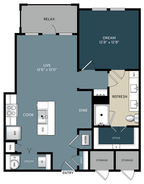 One-bedroom Kerrville, Texas apartment floor plan with an open kitchen and a spacious bedroom designed for comfortable living.