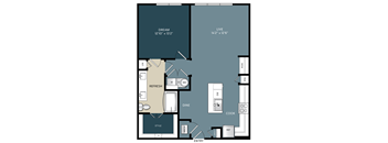 One-bedroom Kerrville, Texas apartment floor plan with an open kitchen and a spacious bedroom designed for comfortable living.