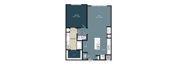 One-bedroom Kerrville, Texas apartment floor plan with an open kitchen and a spacious bedroom designed for comfortable living.