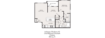 A floor plan for a one bedroom/one bath apartment.