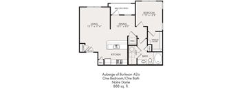 A floor plan for a one bedroom/one bath apartment at Auberge of Burleson.